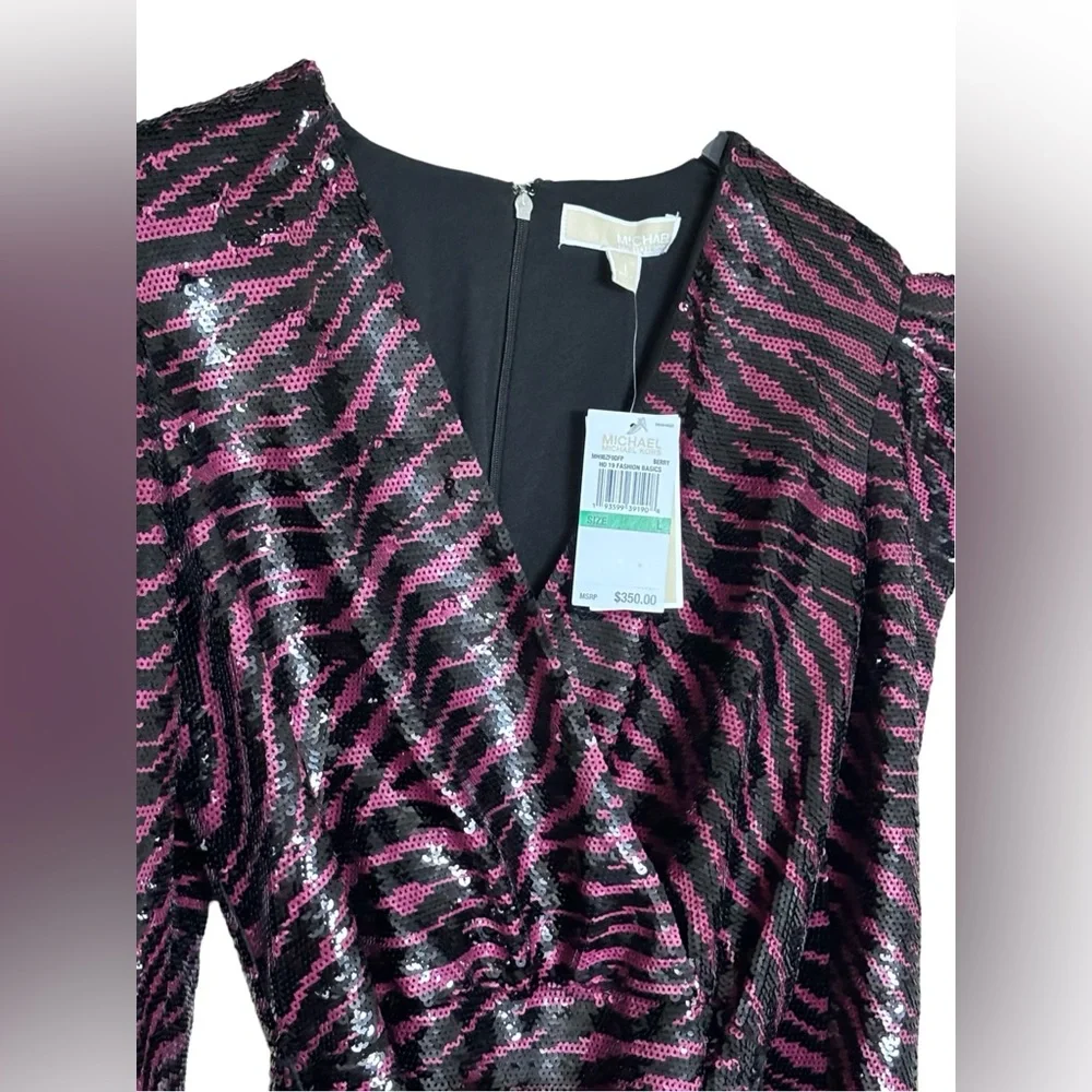 Michael Kors Zebra Sequin Mini Dress Berry Black Puff Sleeve Belted MH98Z39DFP L